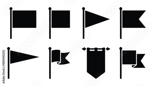 Collection of black flag illustrations. Different shapes and styles of banner and pennant on a pole.