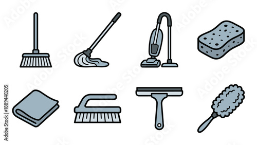 Collection of cleaning equipment line art drawing. Cleaning tools including broom, mop, vacuum, and more.