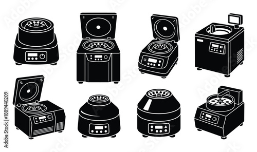 Collection of centrifuges for laboratory use. Scientific equipment in different shapes isolated on white background
