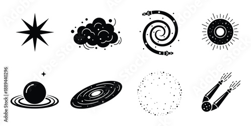 Collection of cosmic space elements illustration, includes star, cloud, galaxy, planet in black and white