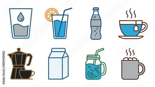 Collection of drink illustrations: glass of water, juice, soda, cup of tea, coffee, milk, and mug of cocoa.