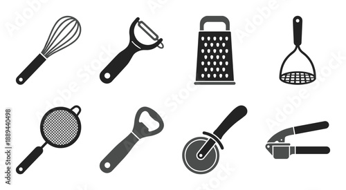 Collection of essential kitchen tools: whisk, grater, peeler, masher, strainer, bottle opener, pizza cutter, press.