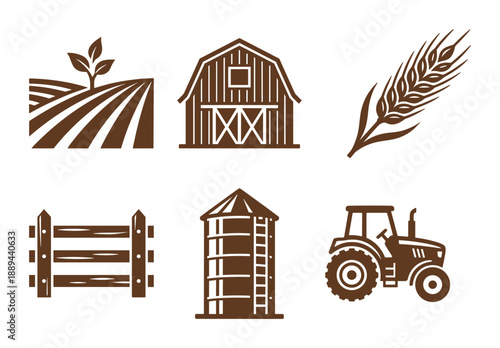 Collection of farm agriculture brown icons. Includes field, barn, wheat, fence, silo, and tractor design.