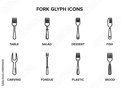 Collection of fork glyph icons representing different types: table, salad, dessert, fish, carving, fondue, plastic, wood.