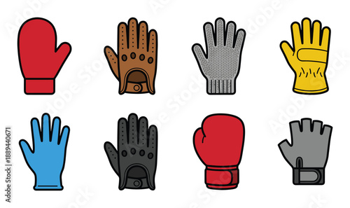 Collection of gloves and mittens in various styles and colors. Perfect for apparel, sport, winter designs.