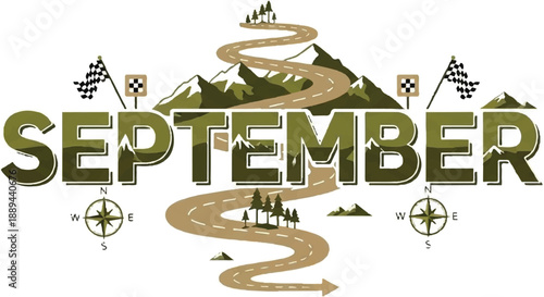 A winding road leads through the mountains in September with directional signs and compasses surrounding the month's name