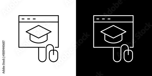 Online education icon with graduation cap and computer mouse on white and black backgrounds