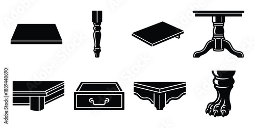 Collection of furniture pieces. Table tops, legs, drawer, claw foot details architectural design elements.