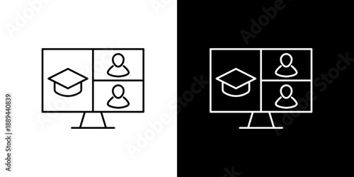 Online learning and virtual classroom concept with graduation cap and people icons on screens