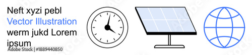 Time management, renewable energy, global connections, sustainability, eco-friendly practices, international communication. Clock, solar panel globe. Renewable energy and global connections concept