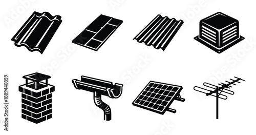 Collection of home construction element icons including roof tiles, chimney, gutter, solar panel and TV antenna.