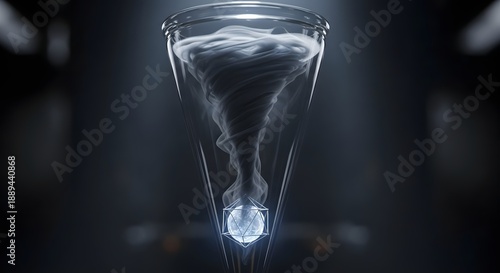 A swirling vortex of white smoke trapped within a glass cone distills chaos into a radiant geometric core, symbolizing the harnessing of raw energy into structured power and innovation