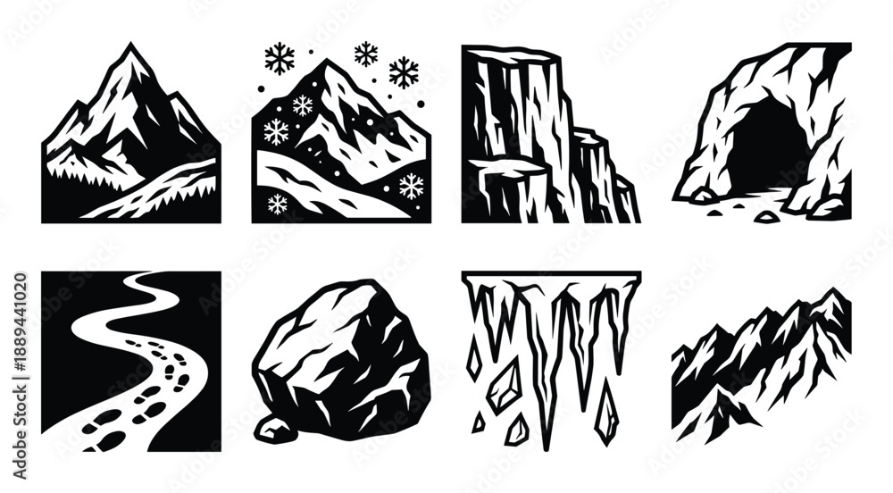 Fototapeta premium Collection of mountains and landscapes icons. Path, rock, cave, icicles. Vector graphic.