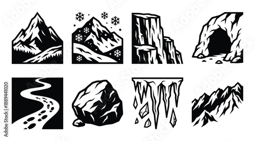 Collection of mountains and landscapes icons. Path, rock, cave, icicles. Vector graphic.