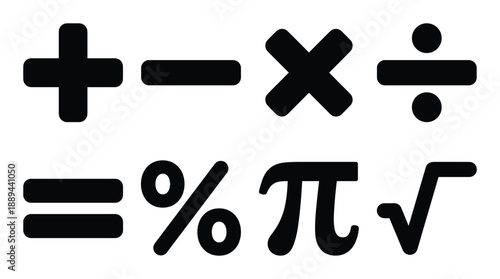 Collection of math symbols. Includes addition, subtraction, multiplication, division, equals, percent, pi, and radical.
