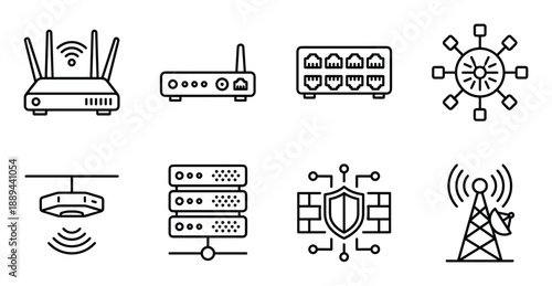 Collection of network equipment icons. Includes router, server, switch, antenna, hub and firewall icons.