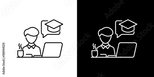 Online learning icon concept with student at laptop and graduation cap symbolizing educational achievement