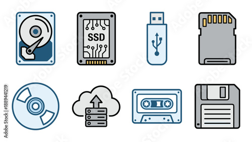 Collection of storage devices icons set with a variety of data storage options Hard drive, SSD, USB, SD, CD, cloud.
