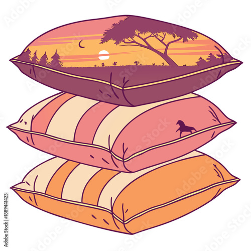 Glossy 3D pillow stack arrangement with a vibrant sunset color gradient in a soft and modern tactile design style