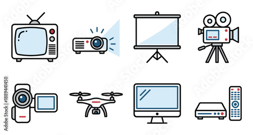 Collection of various media and entertainment icons. TV, projector, screen, camera, drone, computer, set-top box, control.