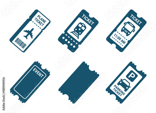 Collection of various ticket icons plane train bus event and parking ticket designs on a white background.