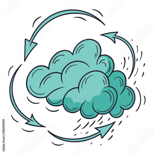 Glossy 3D teal fluffy cloud in a circular motion with a soft tactile texture and vibrant color in a vector style