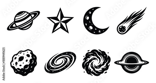 Collection of vector space icons in black and white style featuring celestial objects design elements.