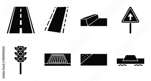 Collection of vector road signs icons: traffic light, bridge, one way sign, and road construction.