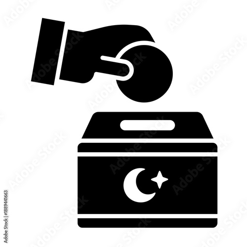 Islamic Charity Donation Box with Hand Placing Coin During Ramadan Celebration