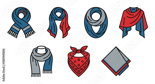 Colorful scarves collection vector illustration. Stylish neckwear set, in different styles, head scarf, neckerchief.