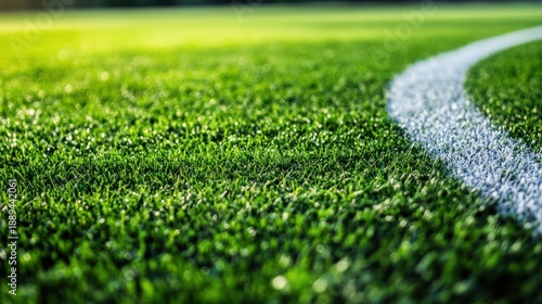 Close-up of vibrant green grass on a modern sports field, featuring a crisp white curved boundary line under natural sunlight, ideal for soccer, football, and athletic events