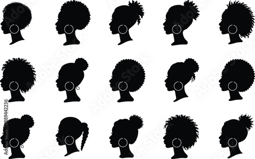 Black silhouette, female profile, natural hair, afro styles, braids, curls, ponytail, hoop earrings, beauty icon, hairstyle diversity, cultural expression