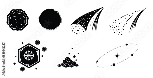 Cosmic elements set. Star, asteroid, snow flake, coal, black hole and planet with dotted orbit design elements.