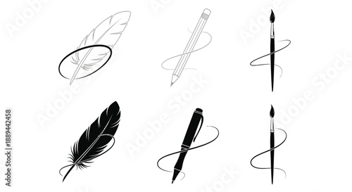 A collection of vintage writing instruments including quill pens pencils and fountain pens presented in black and white