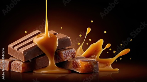 Rich Chocolate Bars with Drizzling Caramel Sauce on Dark Background
