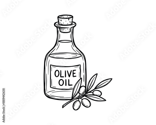 Detailed black and white drawing of an olive oil bottle with cork and an olive branch with leaves and olives.
