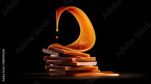 Flowing Orange Liquid Over Chocolate Bars on Black Background, Artistic Food Concept