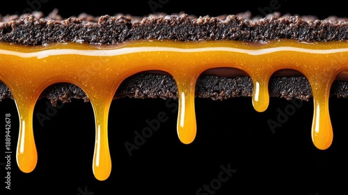 Close-Up View of Rich Brownie Drizzled with Golden Caramel Sauce on Black Background