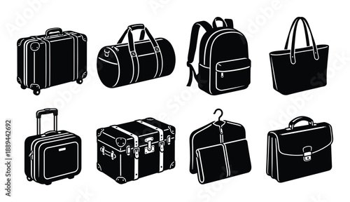 Detailed black and white luggage set illustration featuring suitcase, duffel bag, backpack, and briefcase.