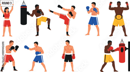 Boxing and martial arts athlete icon set with kickboxing, training equipment, and champion belt for combat sports branding vector
