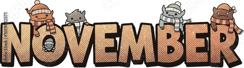 November word art with cartoon characters and autumn theme