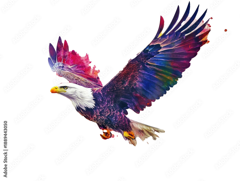 Obraz premium Majestic Flying Eagle with Colorful Wings Isolated on White Background