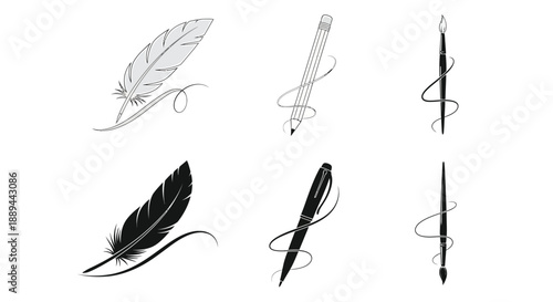 A collection of writing implements feather quills ballpoint pens and calligraphy nibs displayed in monochrome
