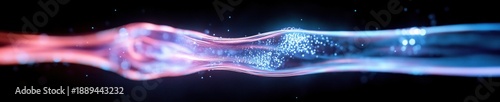 Glowing blue and pink fluid stream with sparkling particles flowing across a dark background, evoking a futuristic, ethereal sense of motion and wonder