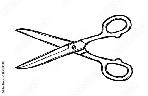Detailed sketch of open scissors with blades and finger loops, clean and precise illustration of a common object.