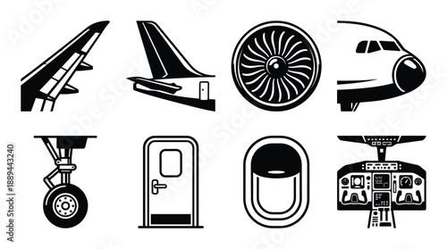 Detailed vector icons of airplane parts. Wing, tail, engine, cockpit, landing gear, door, and window illustration