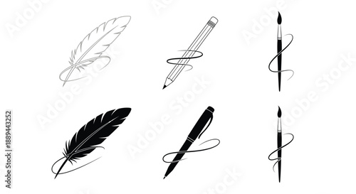 A collection of writing and drawing tools including feathers pencils and paintbrushes shown in black and white