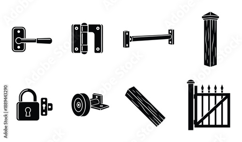 Detailed vector illustration of gate hardware elements. Door handle, hinge, lock, wheel, post and more.