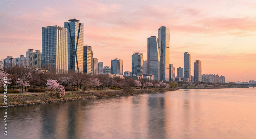 Fototapeta premium Beautiful city skyline with skyscrapers and river during sunset in spring, featuring blooming pink cherry blossom trees along the bank.