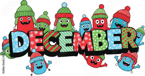 Colorful cartoon characters celebrating December with festive hats and joyful expressions